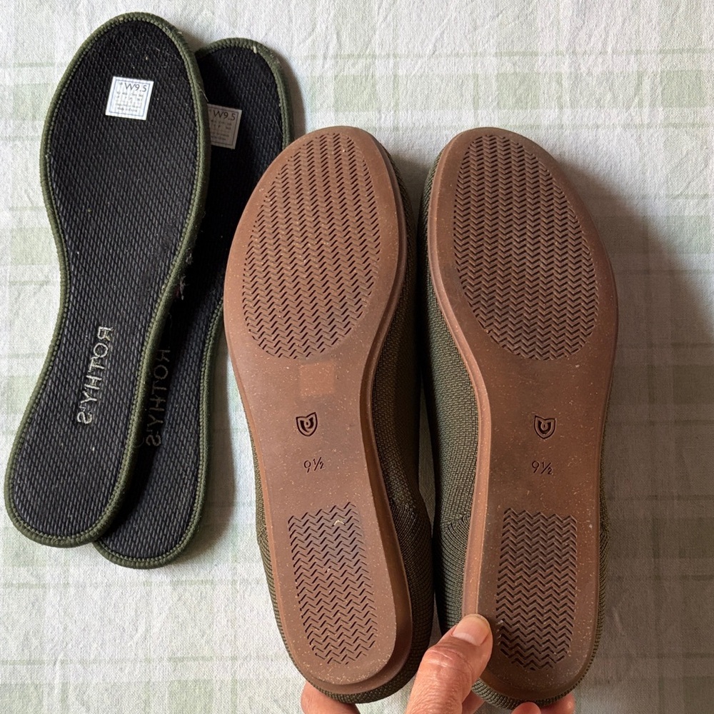Rothy's Olive Slip-On Flats with Blue Lining - Picture 2 of 7